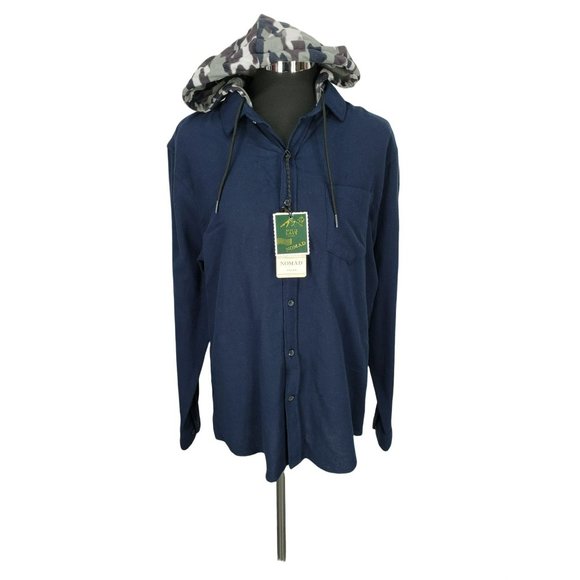 Nomad Men’s Button Up Shirt Jacket Blue Hoodie With Camo Hood. Size Large NWTS - Picture 1 of 6